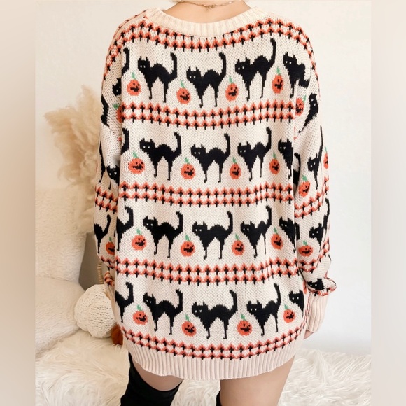 New Pumpkin Black Cat Halloween Sweater Orange Cream Long Sleeve Crew - Picture 12 of 15
